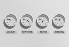 Clocks showing different time zones