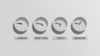 Clocks showing different time zones